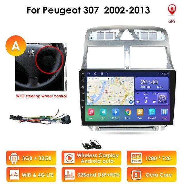 9 ''Carplay Android Auto 2din autoradio lecteur multimédia pour Peugeot 307 307CC 307SW 2002-2013 GPS Navi Audio stéréo 3 + 32G