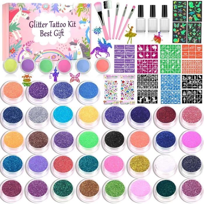 Glitzer Tattoo Set Für Kinder – 24 Farben – 160 Schablonen – 215 Strasssteine – Ungiftig – Wasserfest – Für Partys & Geburtstage