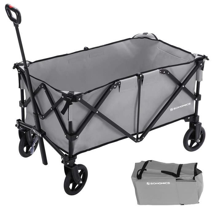 SONGMICS Chariot de jardin pliable 97L Noir GHT03BK capacité 80 kg 4 roues renforcées dont 2 pivotantes à 360° pour extérieur excursions avec poignée jardin Remorque à main 