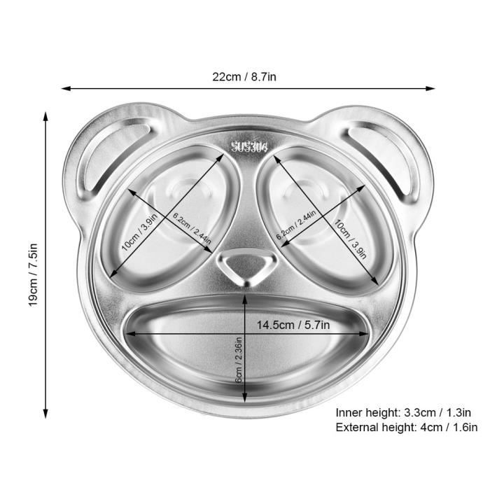 Assiette Bébé En Inox 304 à 3 Compartiments - Design Panda, Réutilisable, Lavable Au Lave-vaisselle