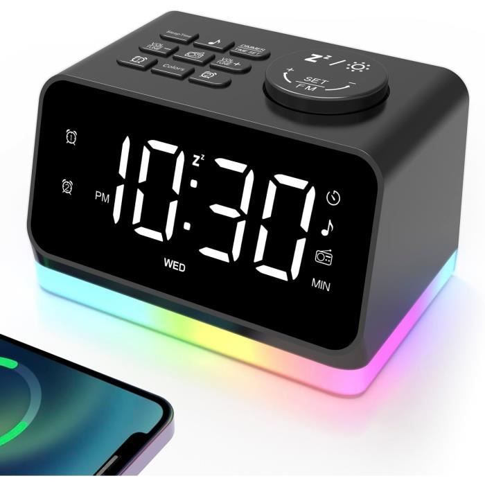 Radio Réveil Bluetooth Led Réveil Numérique Avec Chargeur Sans Fil Qi 15W – Radio Bluetooth, Lumière D'ambiance, Double Alarme – Pour Table De Chevet Radio Réveil Bluetooth Chargeur Qi
