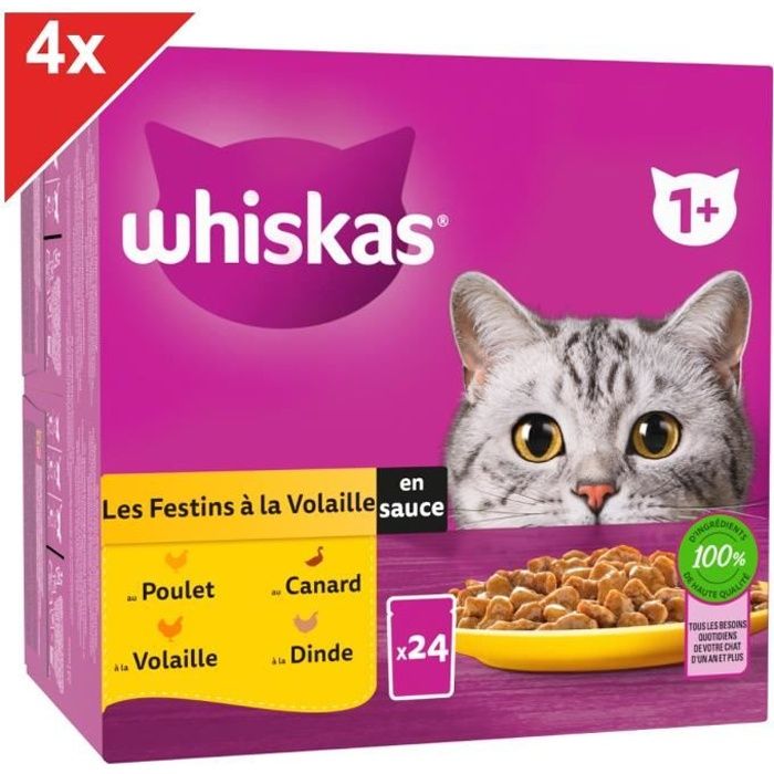 WHISKAS 96 Sachets fraîcheur en sauce 4 variétés volaille pour chat 85g (4x24)