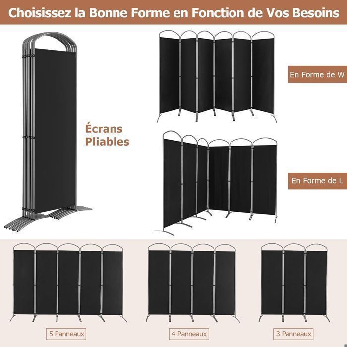 FENLAX Paravent Séparateur De Pièce, Noir, 200 X 220 Cm, En Tissu Pliable, Multifonction, Pour Salon, Chambre, Maison, Mur De Fond, Vestiaire Privé