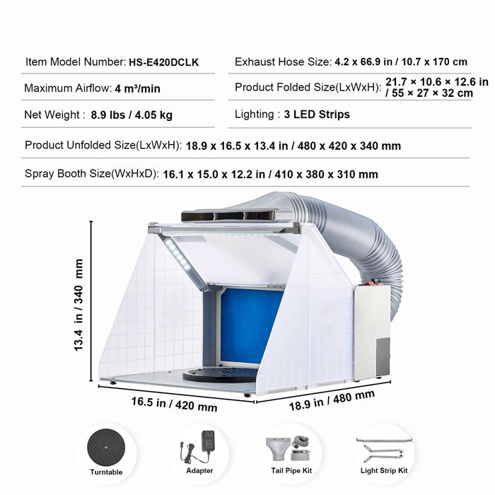 Cabine De Pulvérisation Aérographe - Avec Ventilation, LED Et Plateau Tournant - Pliable Et Portable