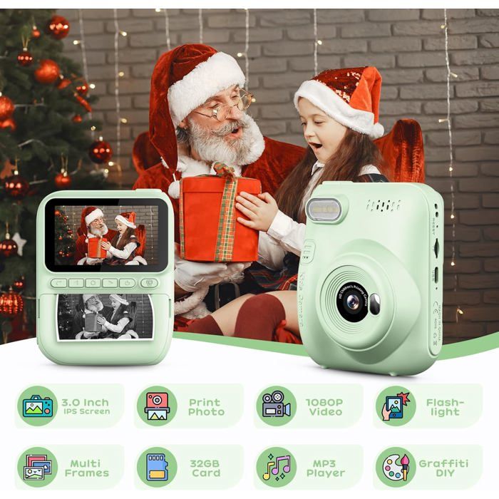 Appareil Photo Instantané Pour Enfants - Écran 2.4" - Impression Sans Encre (noir Et Blanc) - 1080P Vidéo - Carte 32GB Inclus - Cadeau 3-12 Ans - 8