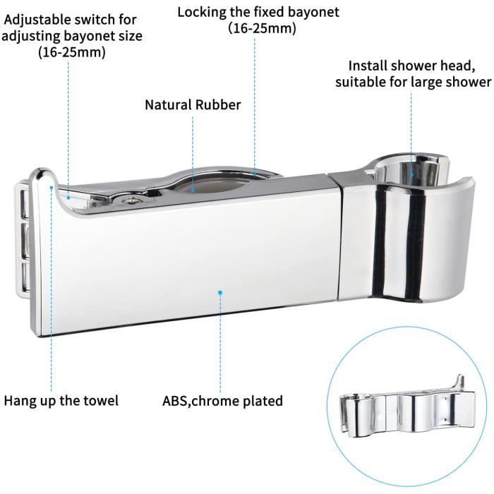 Support de douche BET, support de pomme de douche réglable, peut être  utilisé comme support de douche ABS chromé de remplacement, forme de lingot  adaptée à la salle de bain, (avec ongles)