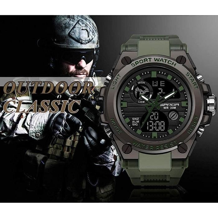 Montre militaire pour homme, tactique, adaptée aux sports d'intérieur et  d'extérieur, étanche 5 ATM, avec réveil, chronomètre, Camouflage vert. :  : Mode