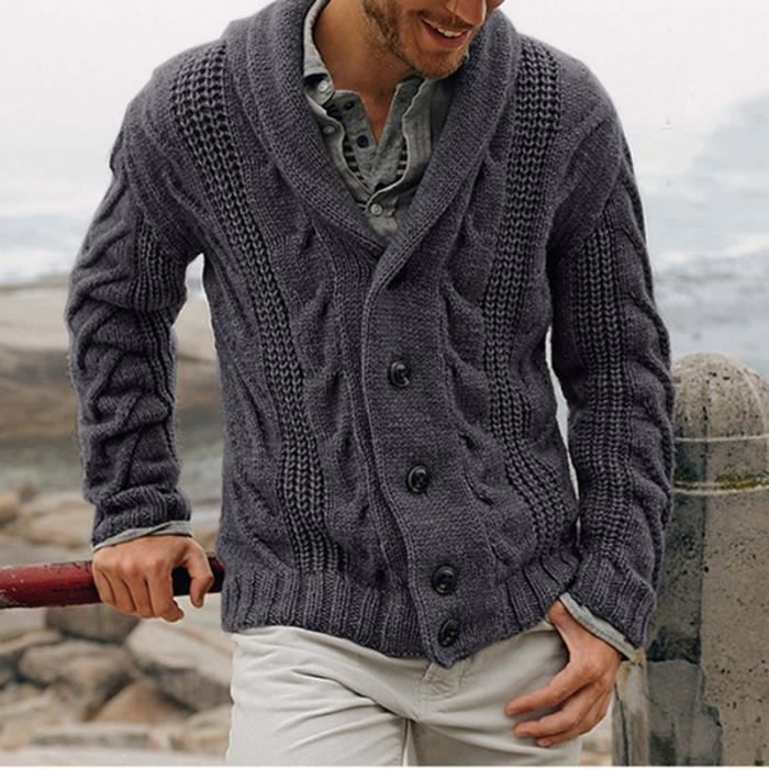 GILET CARDIGAN Cardigan Bouton Homme Manteau Pull Chaud Automne Hiver Casual Grosse Maille Col Chale Veste en Tricot Gris fonce Gris fonce Cdiscount Pret a Porter