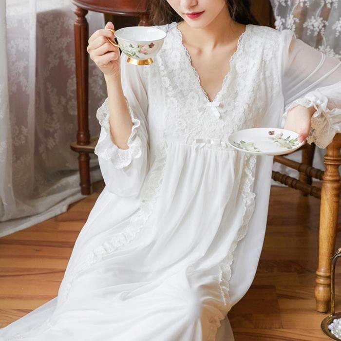 Femme Chemise de Nuit Nightgown Pyjama Dentelle Ruche Desseré Coton Mignon  Rétro