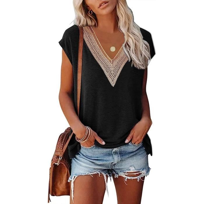 T Shirt Femme Grande Taille Ete Ample Col V Dentelle Bleu Noir Manches Courtes Tissu Doux et Respirant