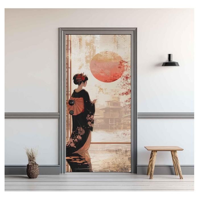 Sticker Mural Porte 3D Geisha Japonaise 77x200 Cm - Trompe L'Oeil Autocollant Asiatique