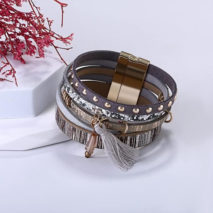 Montre Femme Bracelet Cuir Multicouche Avec Strass - Mouvement Quartz Japonais