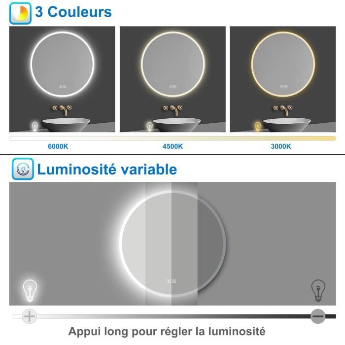Miroir Loupe Salle De Bain Miroir Rond Salle De Bain 80cm LED Tricolore - Anti-Buée, Horloge, Loupe 3x, Mémoire - Mercury