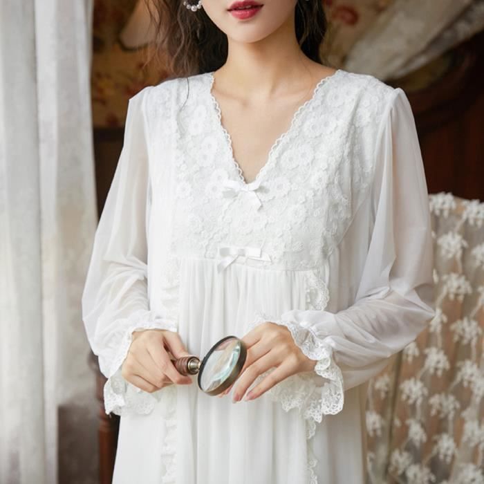 Femme Vintage Doux Pyjama Ample Brode Dentelle Chemises de Nuit Coton Manche Longue Vetement Blanc de Nuit blancD Blancd Cdiscount Pret a Porter