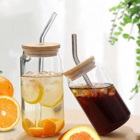 Lot De 6 Verres à Boire 500 Ml – Avec Couvercle En Bambou Et Paille En Verre, Réutilisables - 6