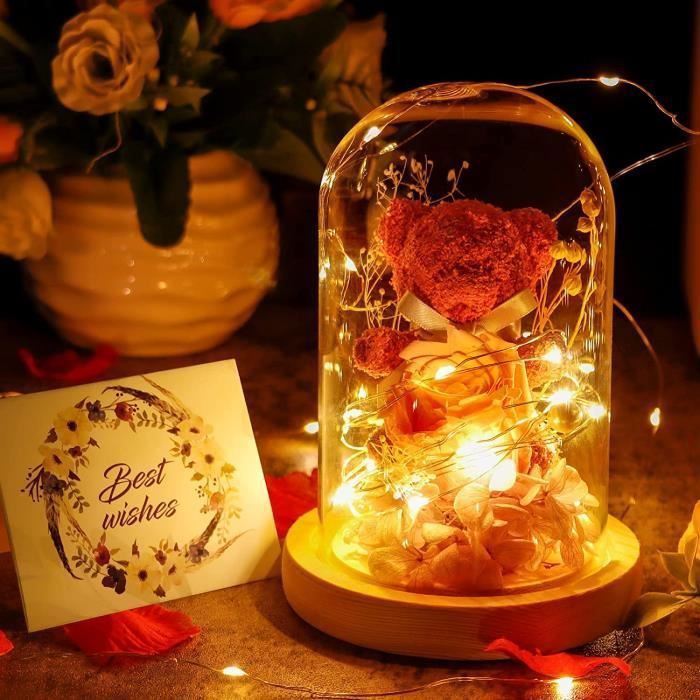 Rose Eternelle sous Cloche - Ours en Rose avec Lumière LED, Cadeau