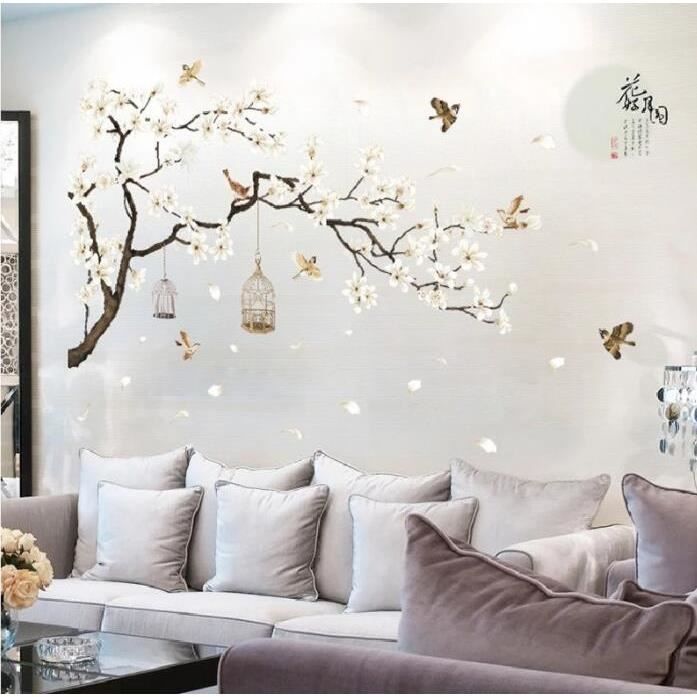 187 * 128 cm grande taille arbre Stickers muraux oiseaux fleur décor à la  maison fonds d'écran pour salon chambre - Cdiscount Maison