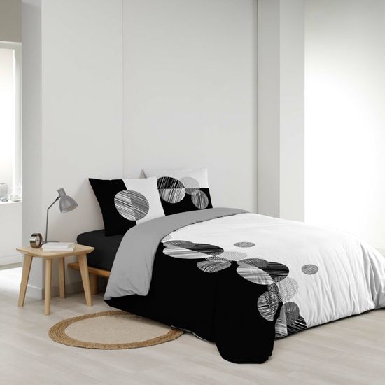 Housse De Couette 240x260 + 2 Taies - Pur Coton 57 Fils Palme Brique Noir Blanc