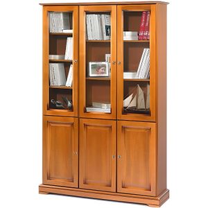 Grande Bibliothèque En Bois Massif - 2 Portes Vitrées - 206x120x42 Cm - Style Rustique/chêne - Occasion