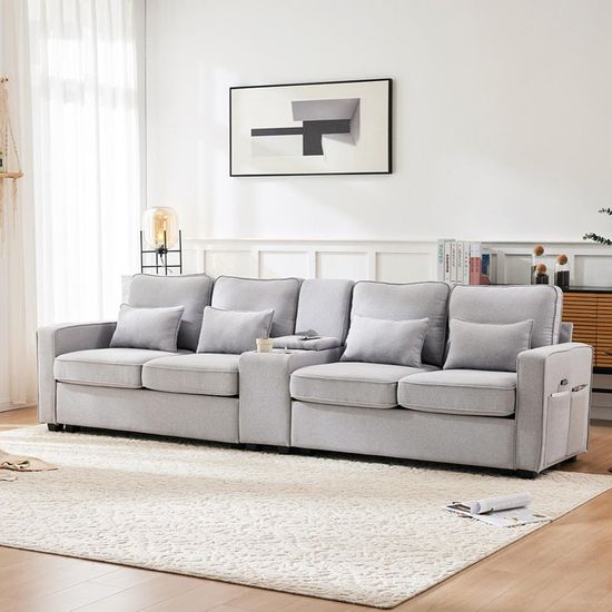 Canapé 4 Places Moderne Avec Console Centrale - Tissu Lin, 2 Ports USB, 2 Porte-gobelets, Poches Accoudoirs - Gris Foncé - 11