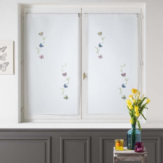 Rideaux Voile Sablé Avec Pompons - Paire Droite Passe-tringle (2x70x240 Cm) Blanc - Douceur D'Intérieur