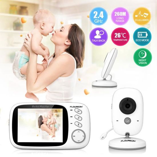 FLOUREON Écoute-bébé Numérique 3.2" Sans Fil 2.4 GHz LCD Sécurité Caméra Vision Nocturne EU