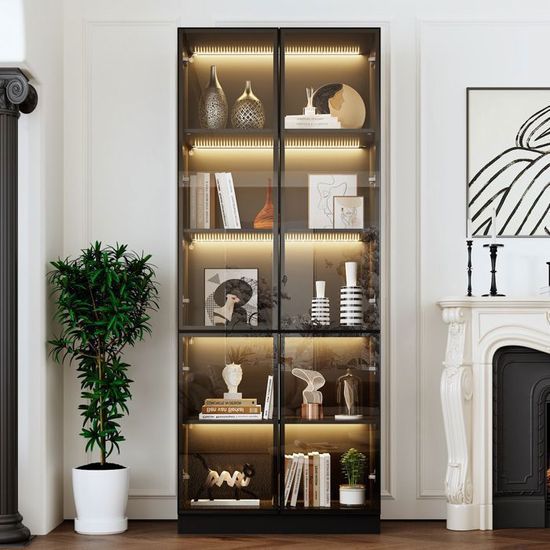 Vitrine En Verre Noire Avec éclairage LED - 4 Portes Coulissantes, Dimensions 40x160x160 Cm, étagères Ajustables