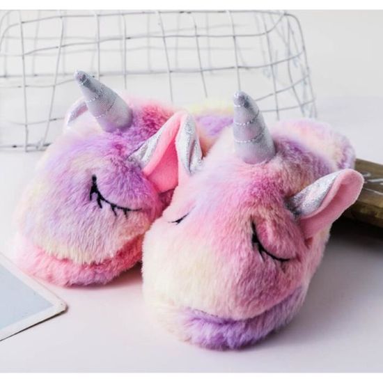 Pantoufles Licorne Filles - Chaussons D'hiver En Coton Moelleux, Semelle Antidérapante, Tailles Enfant 24 à 37