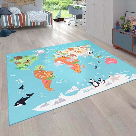 Tapis pour enfants, Tapis de jeu pour chambres d'enfants, Carte du monde avec animaux, En vert [140x200 cm]
