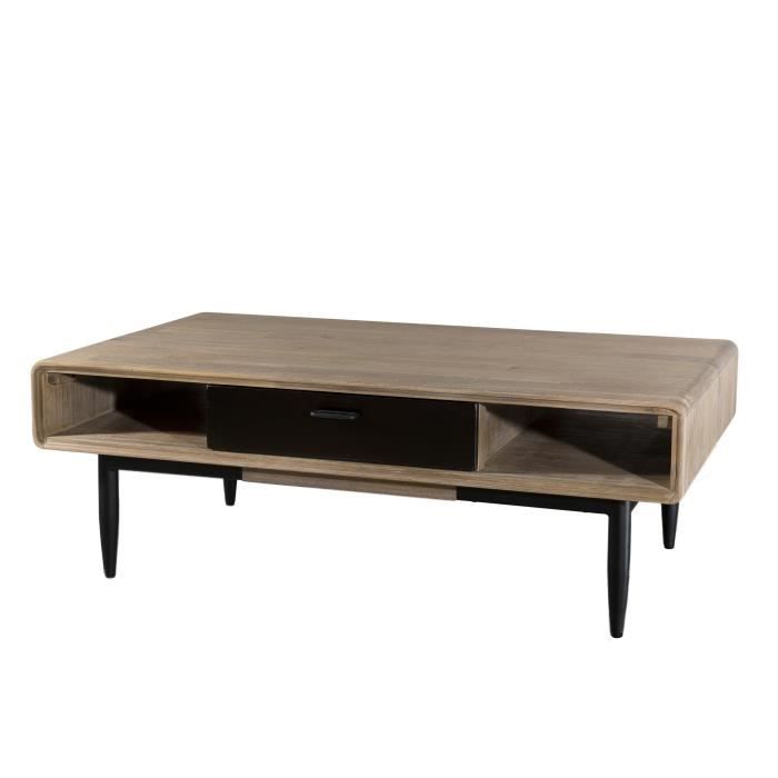 Table basse rectangulaire - En bois acacia massif et métal - Décor chêne clair cérusé et noir - Scandinave - L 120 x l 70 cm