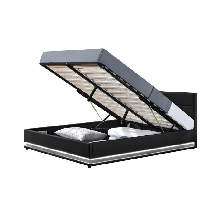 JUPITER LIT COFFRE PU NOIR A LED 160X200 CM