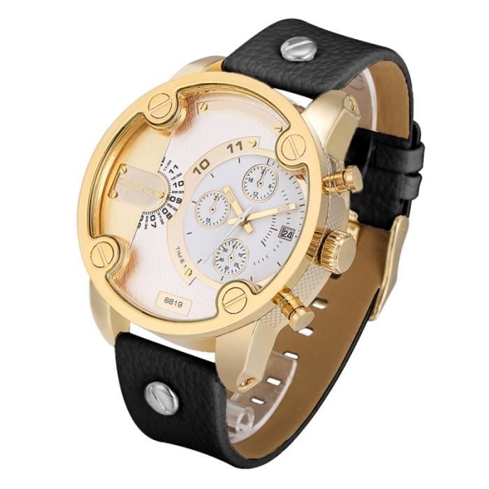 (#140) Dual Time Zone Quartz Business Sport Wrist Watch with Leather Band & GMT Time & Calendar (Gold Case Black Strap)