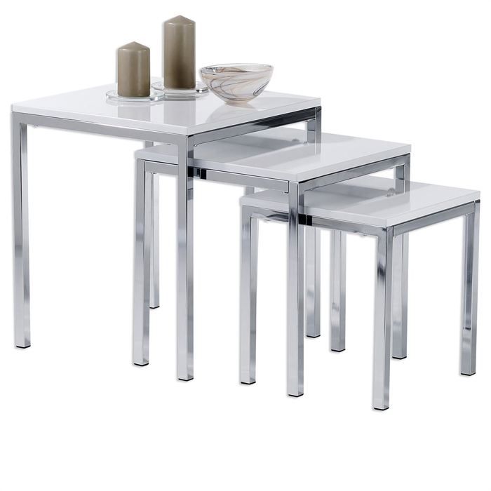 Lot de 3 tables gigognes LUNA, design moderne chromé/laqué blanc