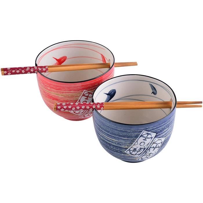 Panbado, Bols à Ramen Japonais Asiatique en Porcelaine, 2 Pièces avec 2 Paires de Baguettes, 470ml- BONHEUR