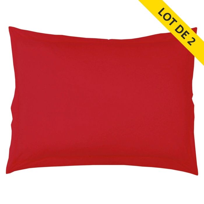 Lot 2 taies d'oreiller volant plat 50x70 uni 57 fils lina +pt bourdon Coquelicot