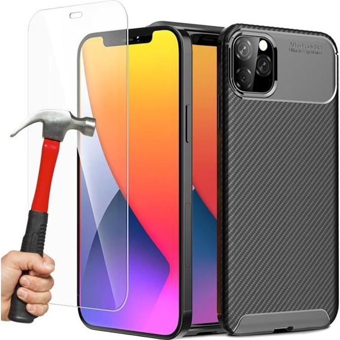 Coque Silicone + Film Verre Trempé pour iPhone 12 Pro, Silicone Ultra-Fine Protection Antichoc Anti-rayures - Noir