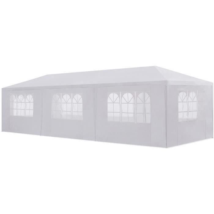 Tonnelle de réception Marinea - L.9 x l.3 x H.2,55 m - Structure Acier et Toile Polyethylene 140g/m2 - Avec rideaux - Blanc