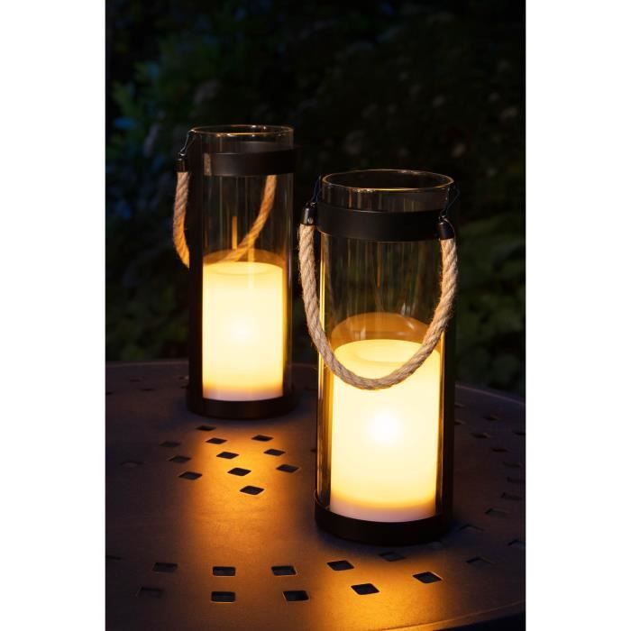 Lanterne solaire Métal Verre Corde effet bougie