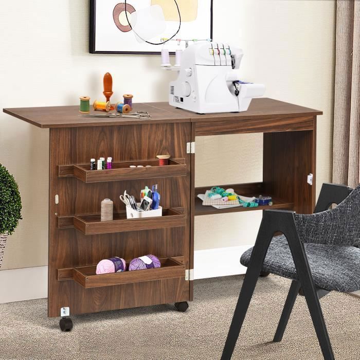 GIANTEX Table de Couture Pliante pour Machine à Coudre avec Roulettes,4 Étagères de Rangement,Bureau avec Roulettes,Brun