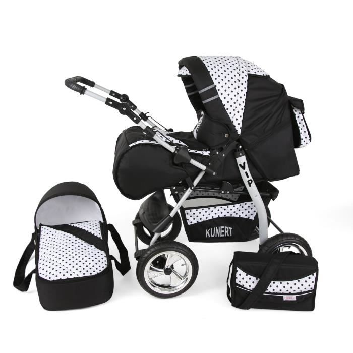 Poussette / Landau combiné 2en1 multifonctions bébé enfant 0-36m avec équipement Roues en caoutchouc Volver - Noire - Points noirs.