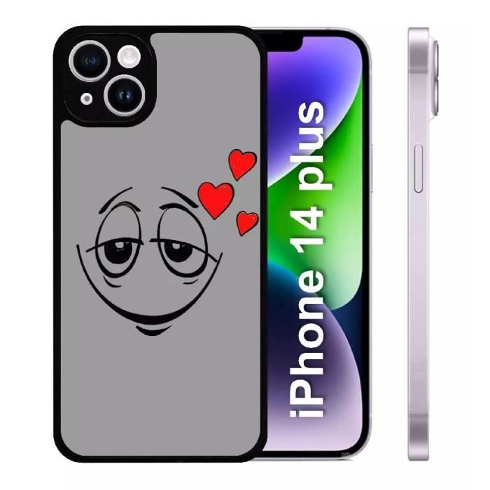 Coque pour apple iphone 14+ - smiley amoureux fond gris - silicone - bord noir