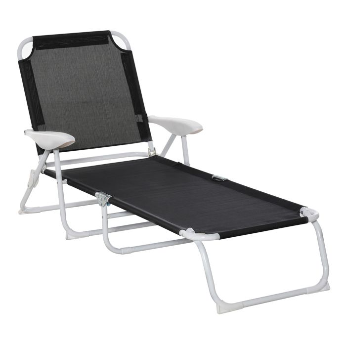 Bain de soleil pliable - transat inclinable 4 positions - chaise longue grand confort avec accoudoirs - métal époxy textilène - dim.