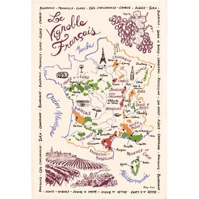 TORCHON LA CARTE DES VINS DE FRANCE ECRU Torchons & Bouchons