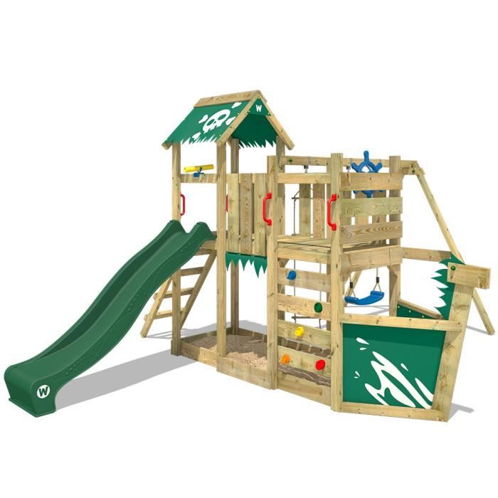Aire de jeux WICKEY OceanFlyer Portique en bois Tour d´escalade avec balançoire, toboggan et bac à sable