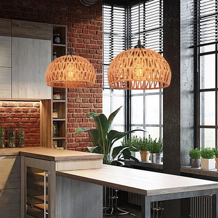 WOTTES E27 Suspension Luminaire Vintage Industrielle 2PCS Ø25cm Abat-jour Ronde en Métal Noir et Rotin Lustre Rétro pour Cuisine
