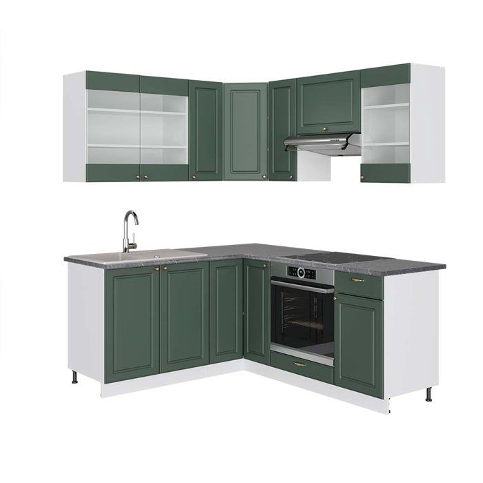 Cuisine D'angle Fame-Line Verte Et Anthracite - 160 X 190 Cm Sans Plan De Travail - Modules Avec Fermeture Douce Et Tiroirs Métalliques - 12