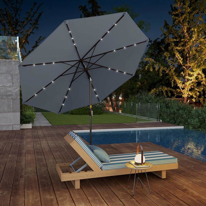 GOPLUS Parasol de Jardin D.300CM-Parasol Patio Droit Inclinable 24 LED Solaire-Poteau Métallique avec Manivelle-Gris(sans Base)