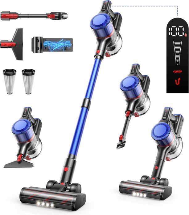 Aspirateur Balai Sans Fil Vexilar V9PRO - 40KPA Puissance - 50min Autonomie - Moteur Sans Balais - Écran LED - Pour Sols Durs Et Tapis
