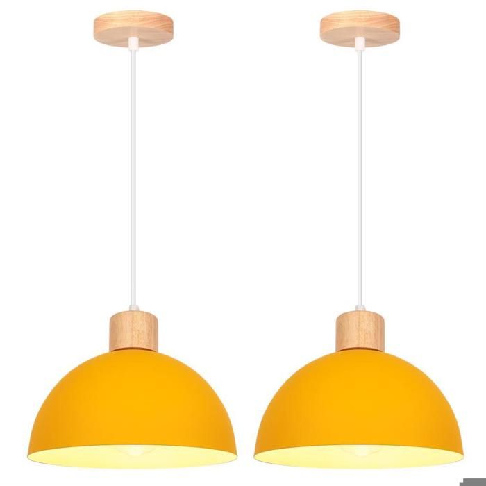 iDEGU 2pcs Moderne Suspension Luminaire Lustre Industriel en Bois Métal Designe en Demi - cercle Lampe Vintage Orange Ø 25CM