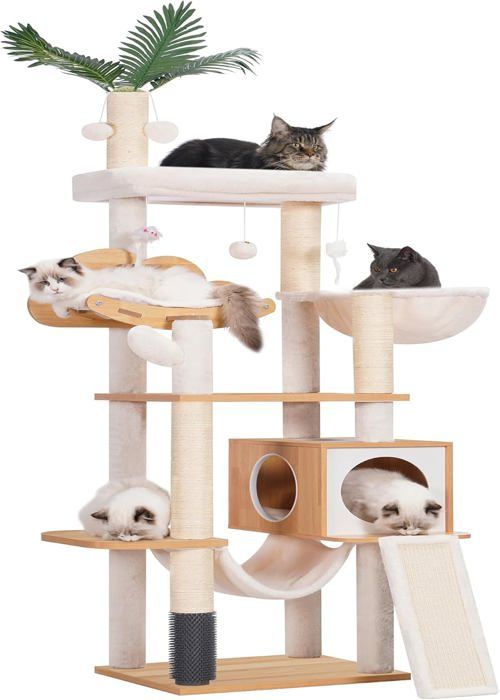 Meilleurs prix pour Arbre à Chat Moderne, Arbre à Chat en Bois avec 5 Griffoirs, Planche à Griffer, Panier, Tour de Jeu 156 cm, Niche, Plateforme.